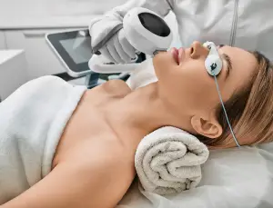 A woman is getting laser treatment for wrinkles on her face