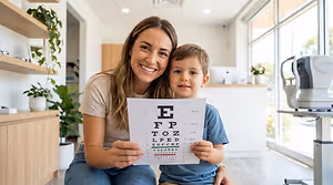 Woman and boy looking at a vision test chart