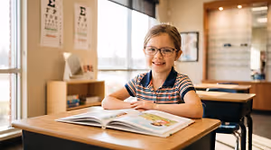 Image of a young girl in a classroom sitting at a desk with a book open, smiling