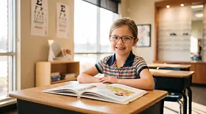 Image of a young girl in a classroom sitting at a desk with a book open, smiling