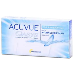 A box of Acuvue Oasys brand contact lenses with Hydraclear Plus technology, designed for astigmatism, featuring UV blocking and six lenses in total.