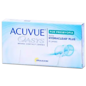 A box of Acuvue Oasys contact lenses with Hydraclear Plus, suitable for presbyopia, displayed on a black background.