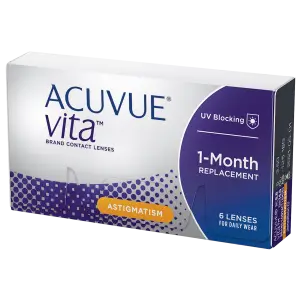 A box of Acuvue Vita contact lenses with a UV blocking feature, suitable for daily wear, containing 6 lenses for astigmatism, with a 1-month replacement period.