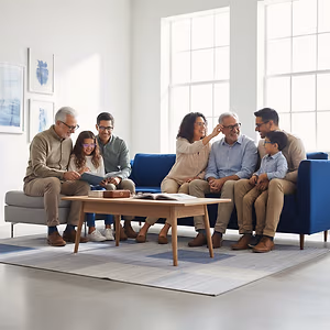 A family of six sitting on a blue couch, two men are reading books and the woman is holding a boy's hand
