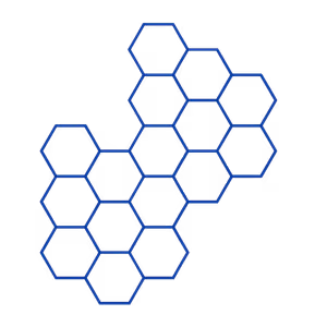 A hexagonal pattern consisting of six blue hexagons arranged in a row with the last hexagon having a smaller size