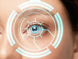 Close-up of a woman's eye with a blue circle and lines around it