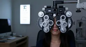 A woman sits in front of an optometrist's chair, wearing a black-framed ophthalmoscope and smiling