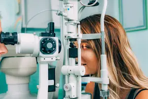 A woman is examining her eyes using an eye-testing machine