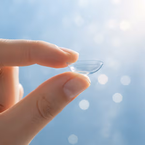 A person holding a clear contact lens in their hand against a blue background.