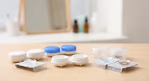 Different colored contact lenses in containers on a wooden table
