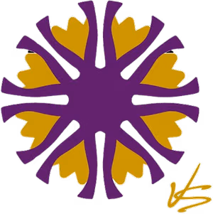 A circular pattern with purple and yellow colors on a black background.
