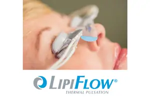 A woman is lying down with a blue mask covering her nose and mouth, attached to a machine with a logo reading 'LipiFlow Thermal Pulsation'.