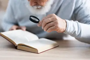 An elderly man is sitting at a table with a magnifying glass and an open book