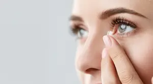 A woman is carefully examining her eye contact lens with a close-up view.