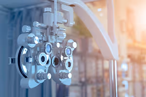 A close up of an ophthalmoscope machine with a blurry background