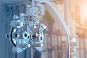 A close up of an ophthalmoscope machine with a blurry background