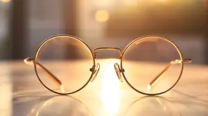 A pair of round glasses with golden frames and clear lenses sitting on a table.
