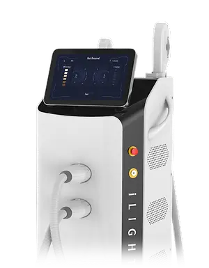 A white and black hair removal machine with a screen on top and a hose attached, displayed on a white background