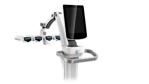 Illustration of an automated robot arm holding medical supplies