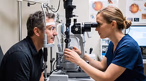 Optometrist examining a man's eye with a slit lamp