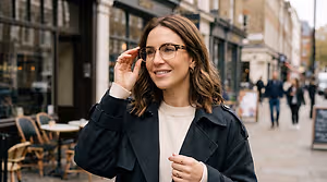 Woman adjusting eyeglasses while walking on a city street