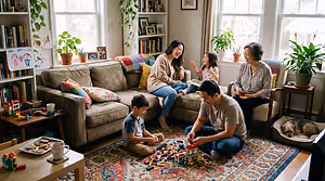 Multigenerational family playing with colorful building blocks in a cozy living room