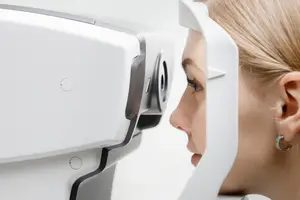 A woman wearing glasses and looking into a white ophthalmoscope