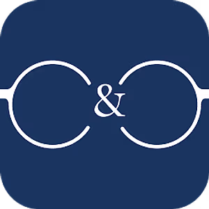 Blue background with a pair of eyeglasses and an ampersand symbol in the center