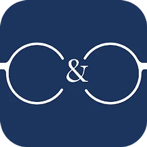 Blue background with a pair of eyeglasses and an ampersand symbol in the center