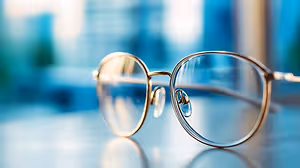 Gold-rimmed glasses with clear lenses sit on a blue surface with a blurred cityscape in the background