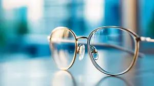 Gold-rimmed glasses with clear lenses sit on a blue surface with a blurred cityscape in the background