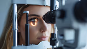 A woman with blonde hair is looking into an ophthalmoscope with her eyes closed, while wearing makeup.