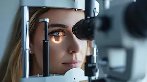 A woman with blonde hair is looking into an ophthalmoscope with her eyes closed, while wearing makeup.