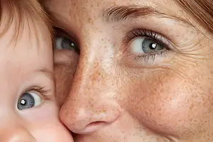 Close up of a woman and baby with freckles on their faces