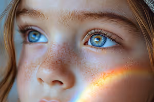 A close up of a young girls face with a rainbow on her cheek