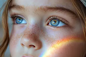 A close up of a young girls face with a rainbow on her cheek