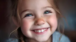 A girl with brown hair and blue eyes is smiling and has a few freckles on her face and cheeks.