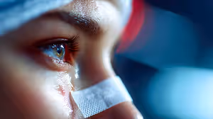 Close up of a woman's face with tears in her eyes, she has a bandage on her nose.