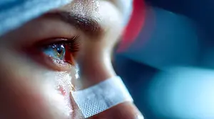 Close up of a woman's face with tears in her eyes, she has a bandage on her nose.