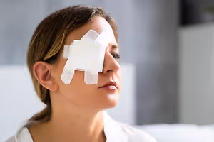 A woman with an eye patch on her face