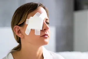 A woman with an eye patch on her face