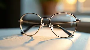 A pair of glasses with gold-colored frames and clear lenses is placed on a white surface. The lenses reflect light, and the frames have a curved shape. Behind the glasses, there is a window with a blurry view of a potted plant and a light. The light from the window is shining on the glasses, creating a bright spot on the surface.