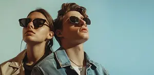 Two models wearing sunglasses and denim jackets stand together under a clear blue sky