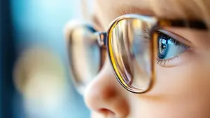 A close-up of a child's face wearing glasses with a blurred background