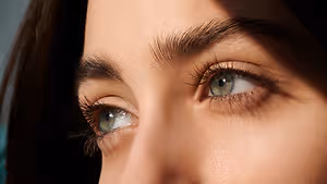 A woman with long black hair and green eyes is looking to the left, with her face partially illuminated by the sunlight. She has long, thick eyelashes and her eyes are slightly closed.