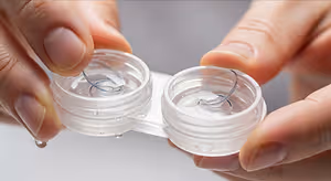 A person is holding two clear glass containers with a contact lens in each one