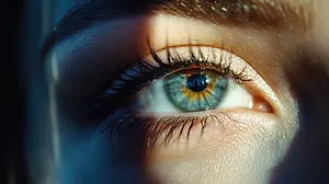 Close-up of a woman's eye with brown hair and long eyelashes, light reflecting off the iris