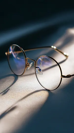 A pair of gold-rimmed glasses with clear lenses resting on a textured surface under a focused light, casting distinct shadows.