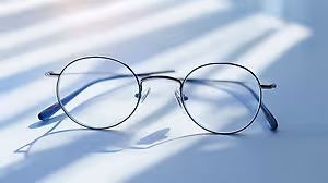 A pair of glasses with a blue frame and silver lenses is placed on a white surface with sunlight shining on it.