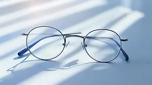 A pair of glasses with a blue frame and silver lenses is placed on a white surface with sunlight shining on it.